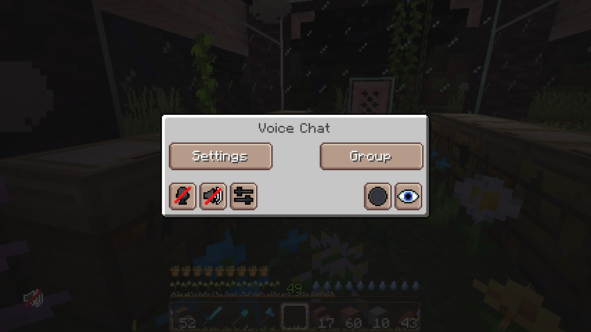 A screenshot displaying the main menu provided by Simple Voice Chat. This menu is activated by pressing "V".