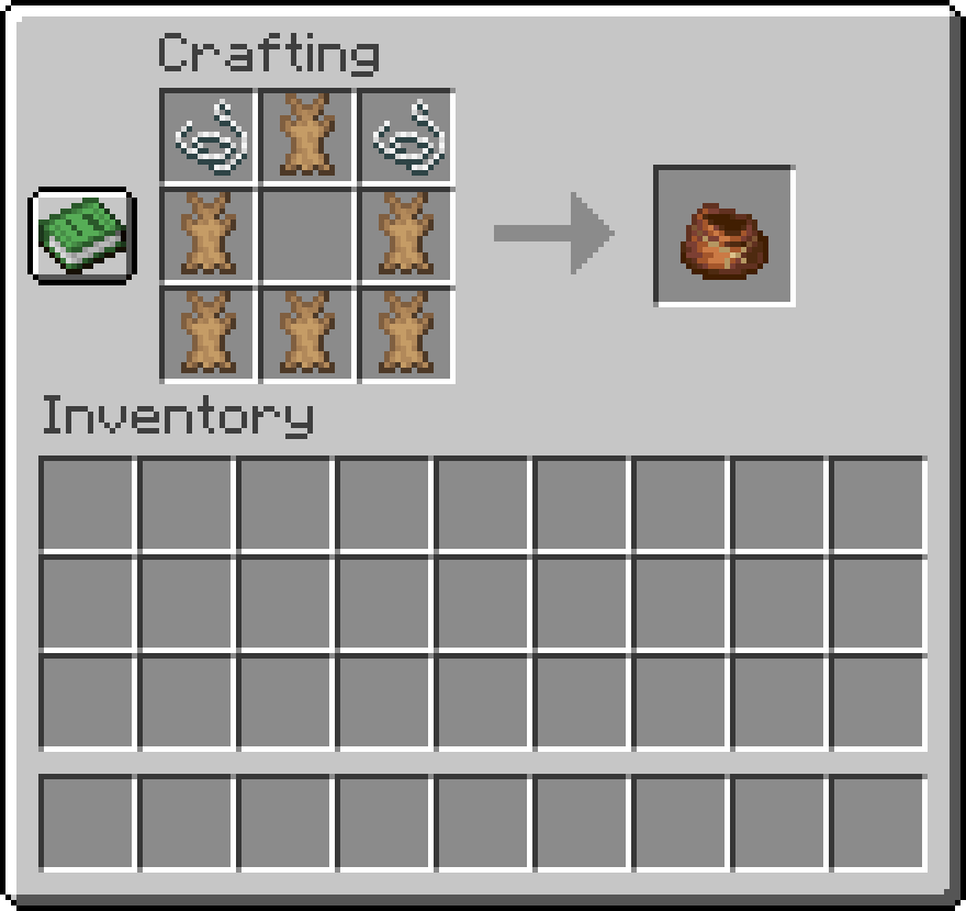 The Minecraft Crafting Table interface, showing the top row with String, Rabbit Hide, and String. The middle row is filled with Rabbit Hide, Empty, and Rabbit Hide. The bottom row is filled completely with Rabbit Hide.