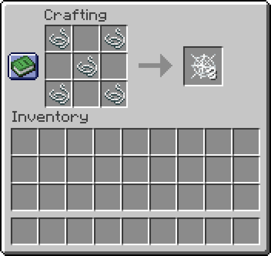 The Minecraft Crafting Table interface showing string placed in the four courners and center of the crafting table, forming an X. The resulting product crafted is three cobwebs.